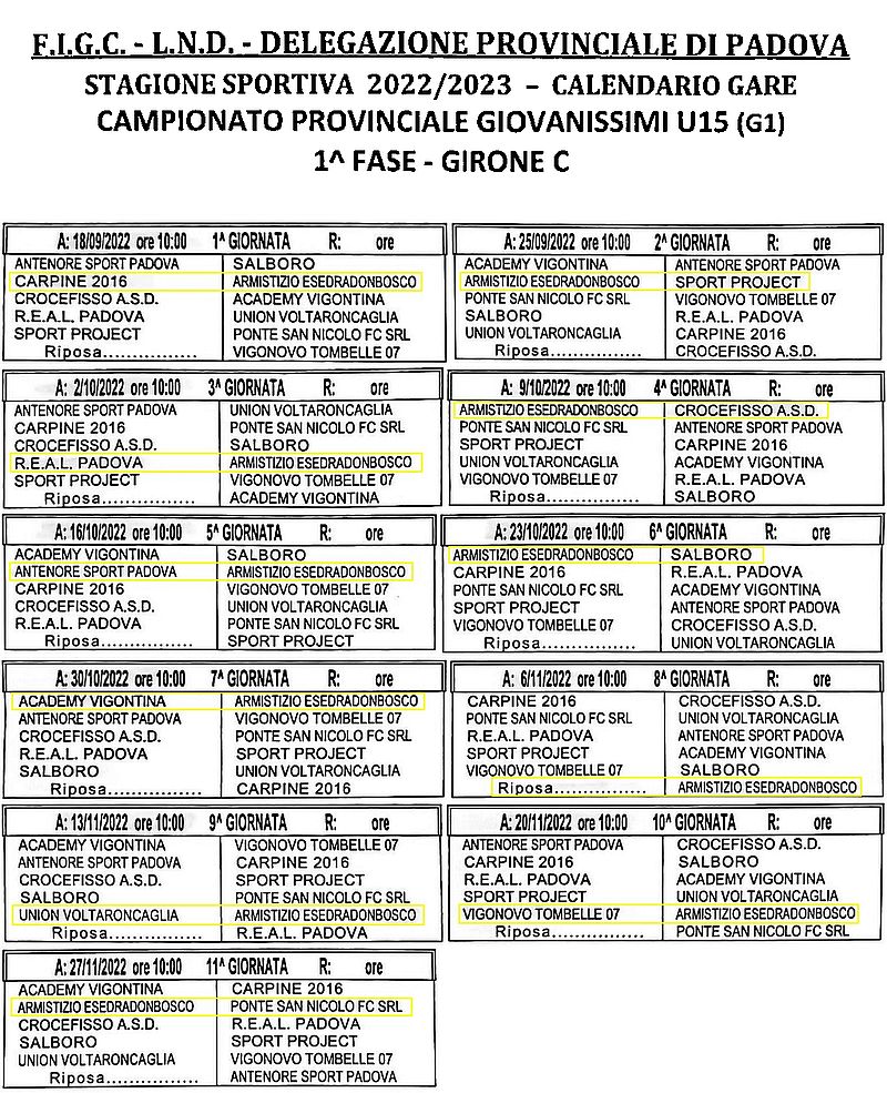 Stagione Sportiva 2022-2023 calendario gare campionato Provinciale Giovanissimi Provinciali U15 (G1) 1^ fase Girone C